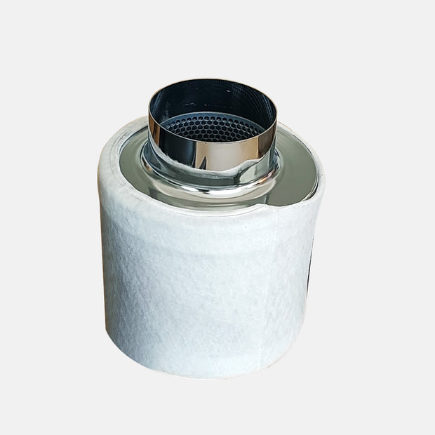 TheOneGrow active carbon filter with white pre-filter sleeve and metal duct collar for grow tent ventilation
