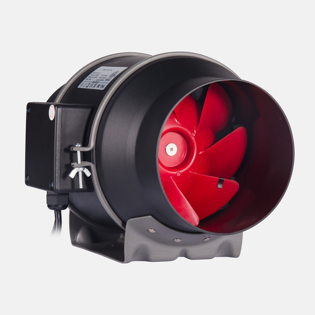 TheOneGrow 100mm and 150mm inline grow tent extractor fan with red impeller and mounting base