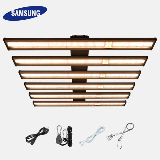 TheOneGrow 720W full spectrum LED grow light with Samsung logo, seven lit bars and hanging accessories