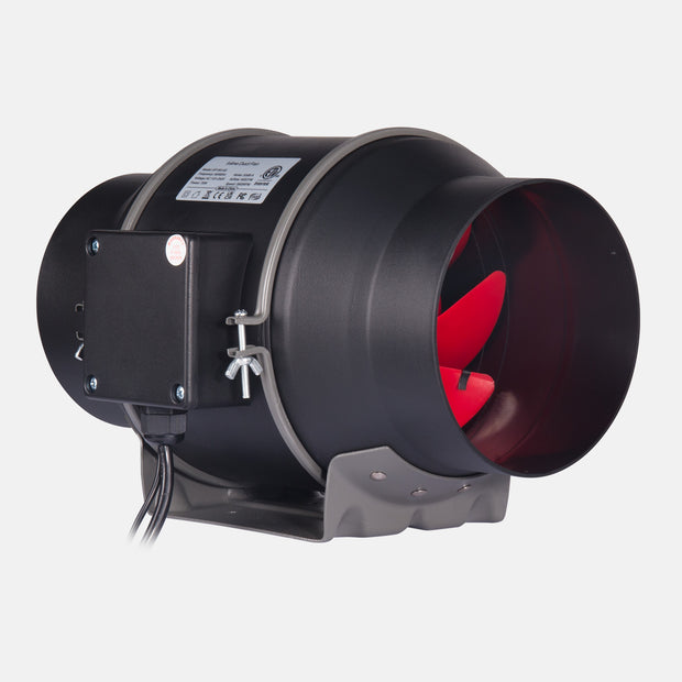 Inline duct fan angled view showing red blades, black airflow housing, junction box and release clamp