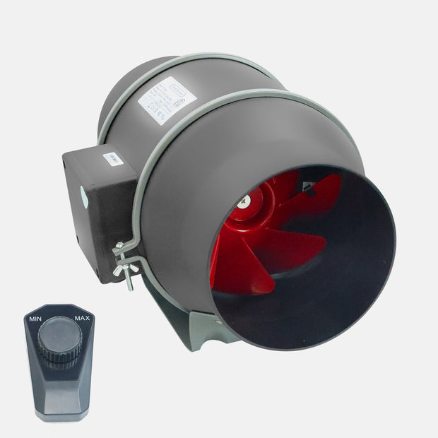 TheOneGrow upgraded inline fan with red blades, duct opening and external speed controller