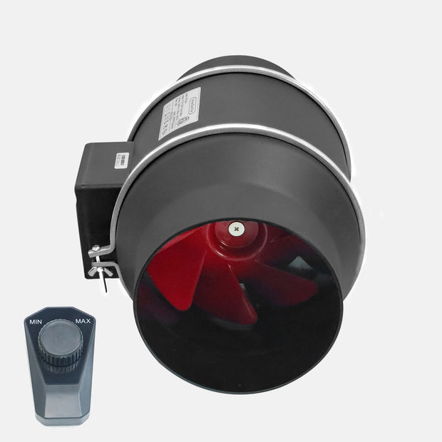 Inline duct fan front view with red impeller and MIN MAX speed controller for grow room airflow