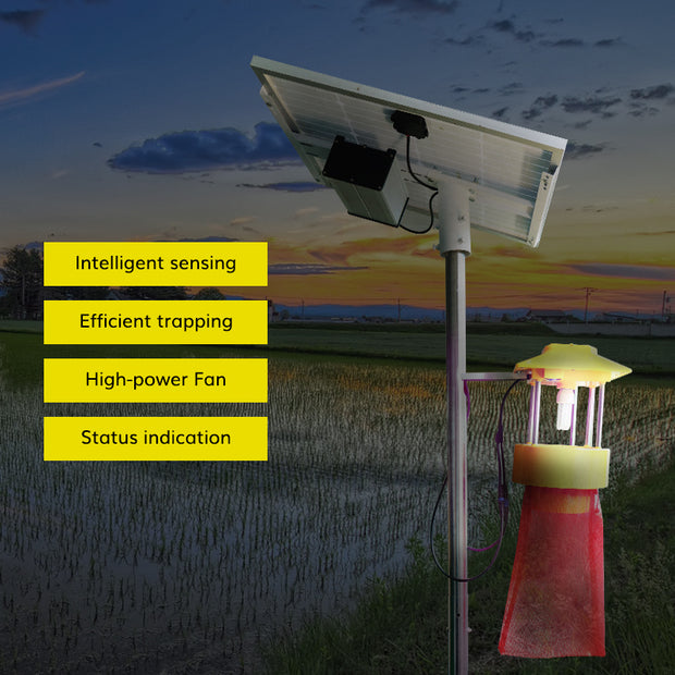 Solar insect killer lamp in farmland with intelligent sensing, high-power fan and pest trapping