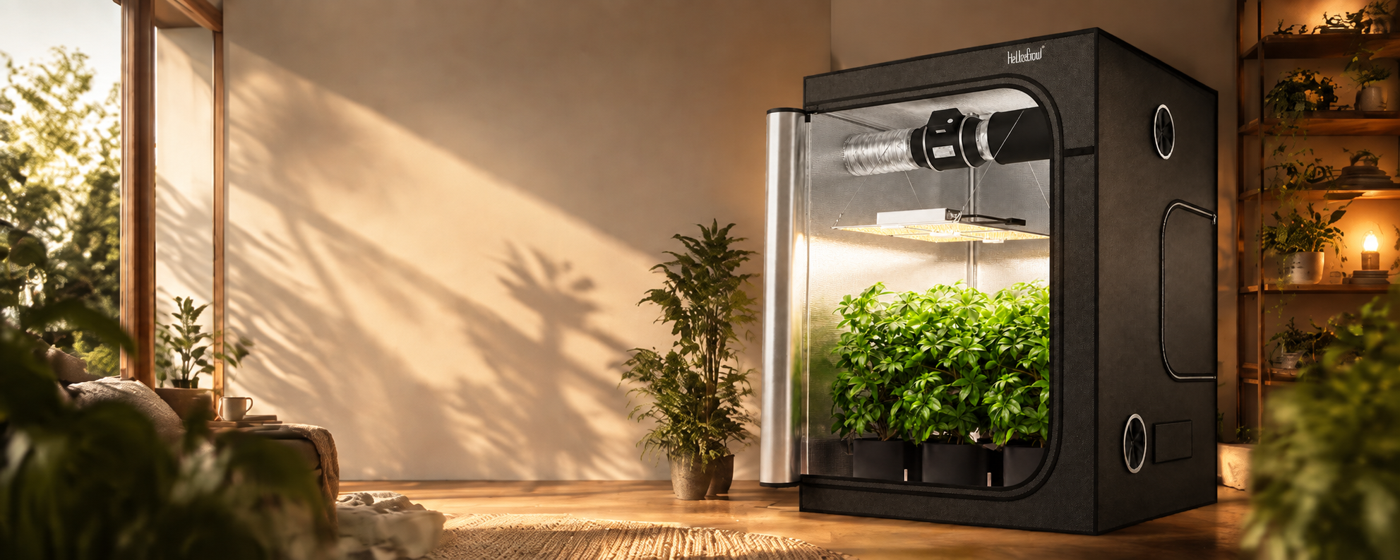 TheOneGrow grow tent with lighting, ventilation and plants in a sunlit room