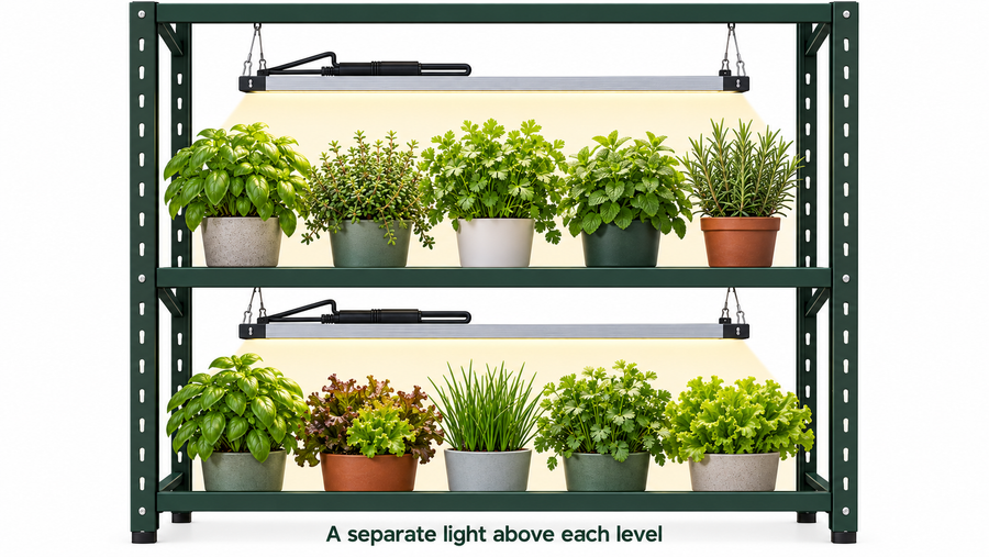 Two-tier rack layout with a separate downward-facing light above each level