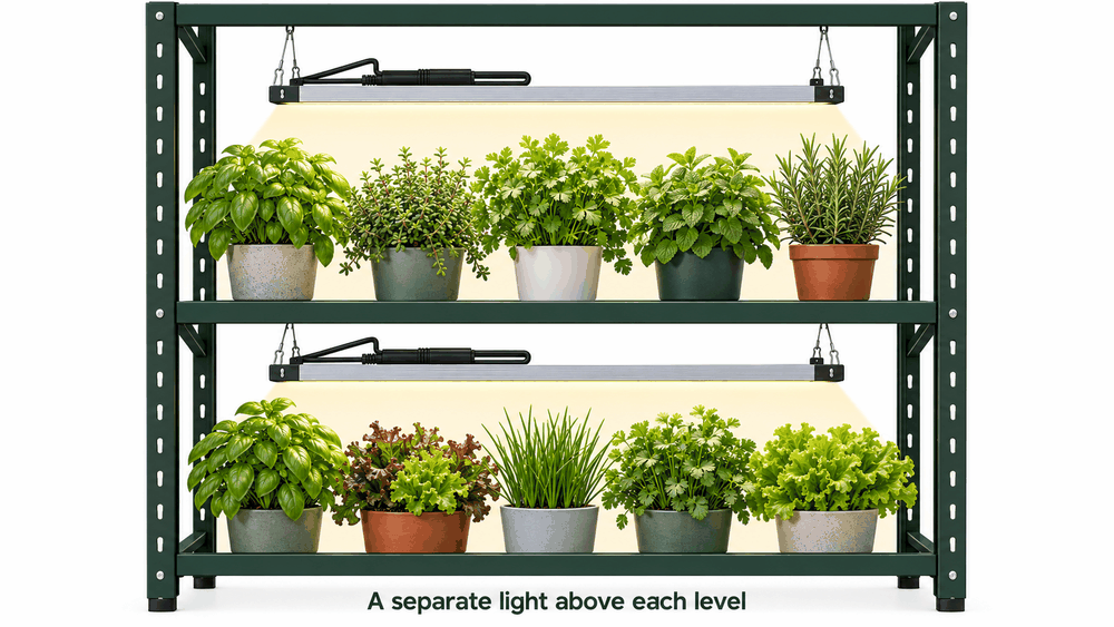 Two-tier rack layout with a separate downward-facing light above each level