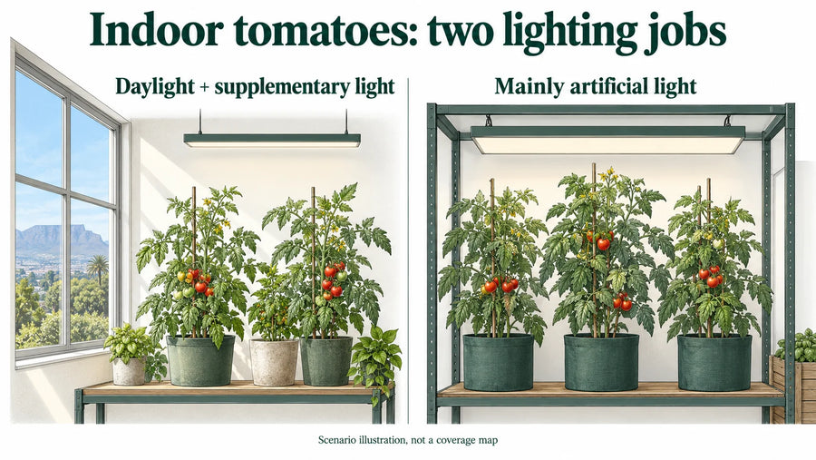 Tomato plants with supplementary window lighting and plants relying mainly on artificial light