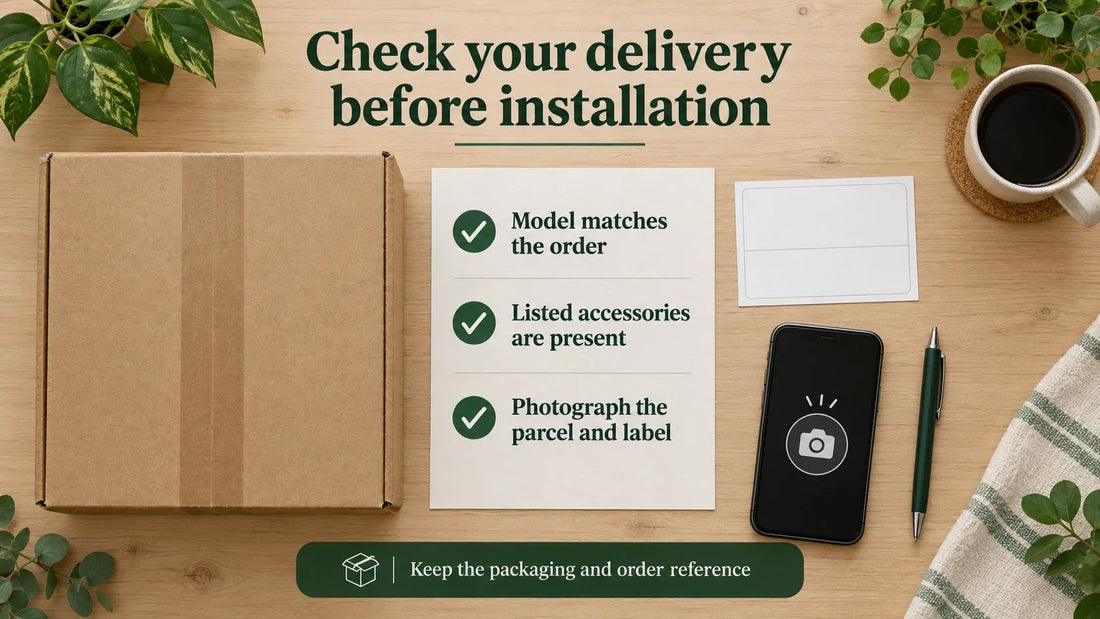 Photograph the parcel label and check the ordered model and listed accessories before installation