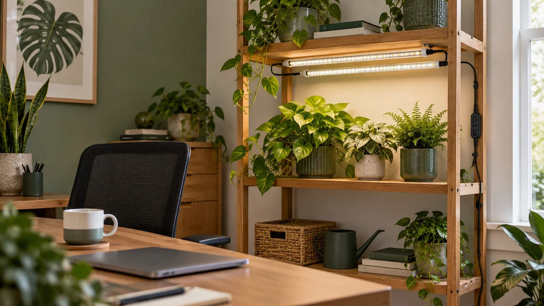 Small plant group with T8 tubes positioned away from a home-office seated view