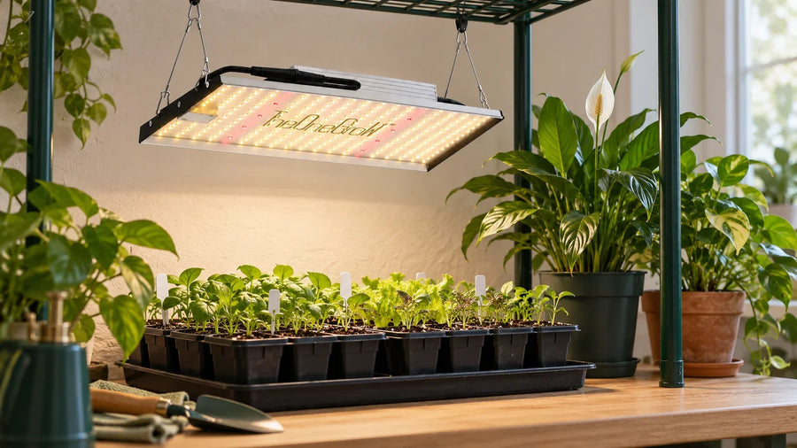 MA120 120W LED Grow Light suspended over seedlings on a compact table, with larger potted plants beside the next batch position
