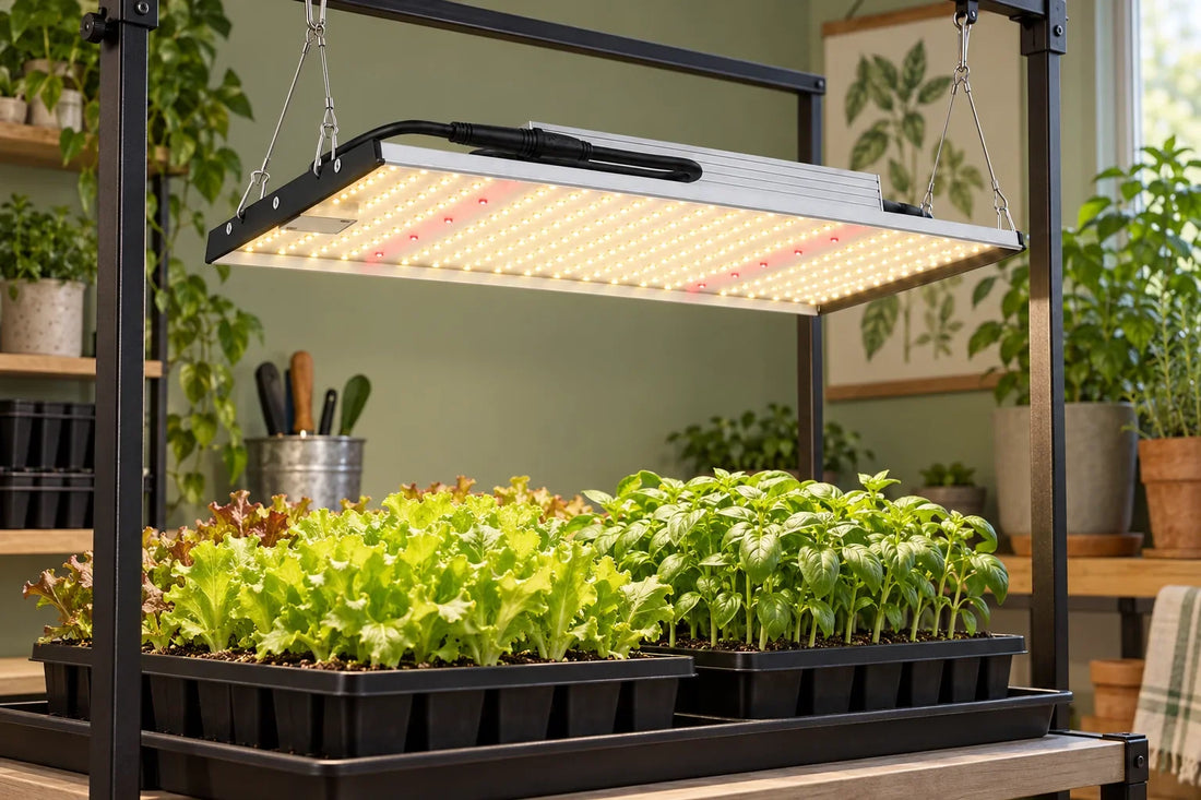 MA120 120W LED Grow Light suspended above lettuce and basil seedlings in an indoor nursery