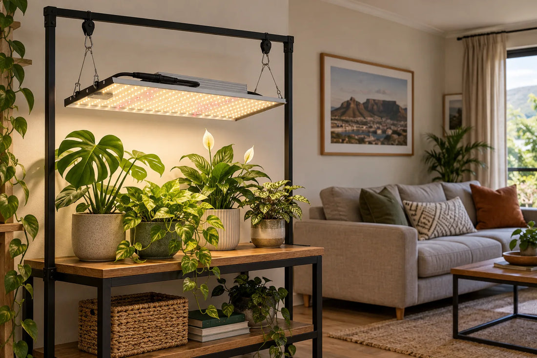 MA120 120W LED Grow Light over a living-room plant table beside a sofa