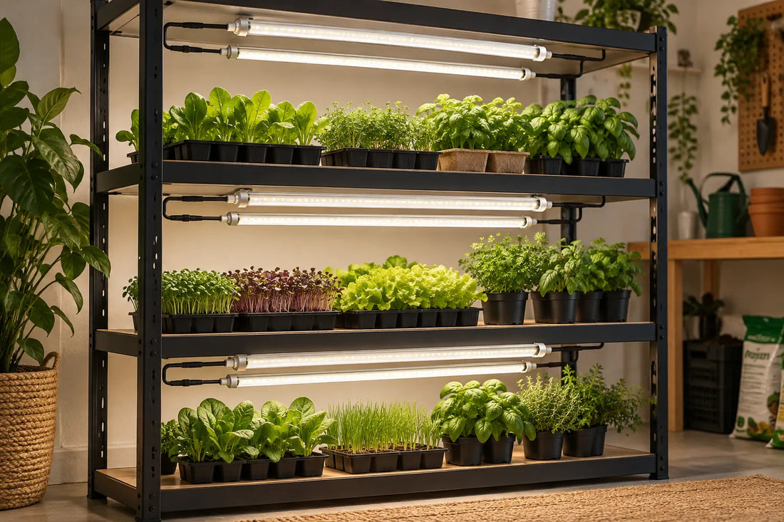 Pairs of T8 tubes mounted beneath solid shelves light each occupied plant tier