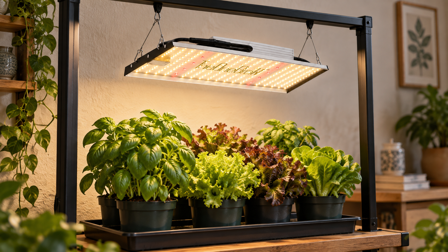 LED panel grow light above basil and lettuce in a compact indoor garden