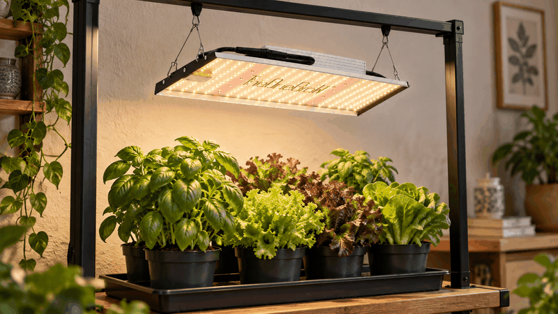 LED panel grow light above basil and lettuce in a compact indoor garden