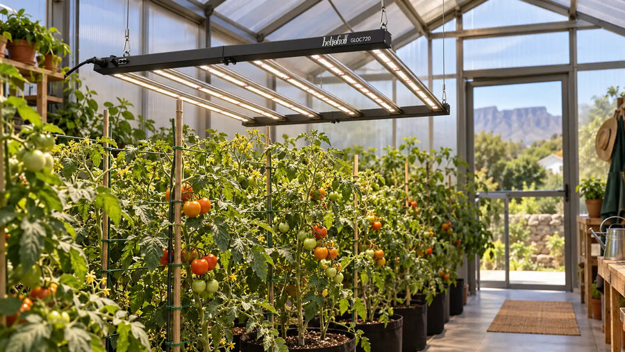 A GLOC720 720W LED Grow Light suspended over supported indoor tomato plants with a clear care aisle