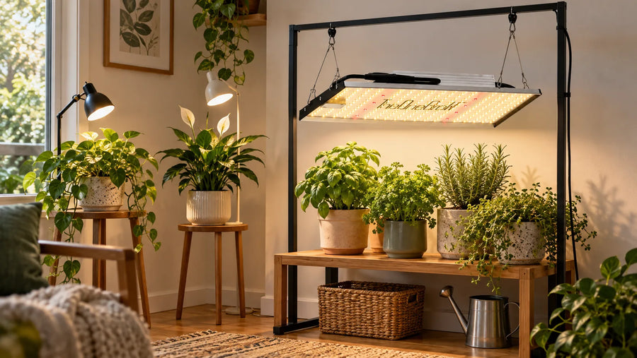 Existing individual plant lamps beside a dedicated herb group under an MA120 120W LED Grow Light