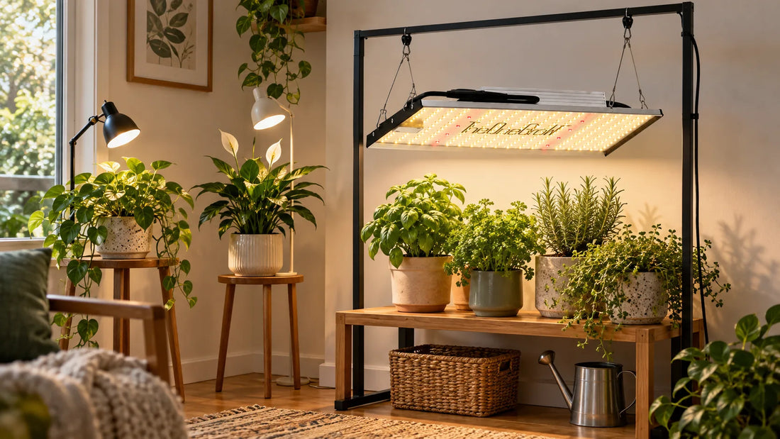 Existing individual plant lamps beside a dedicated herb group under an MA120 120W LED Grow Light