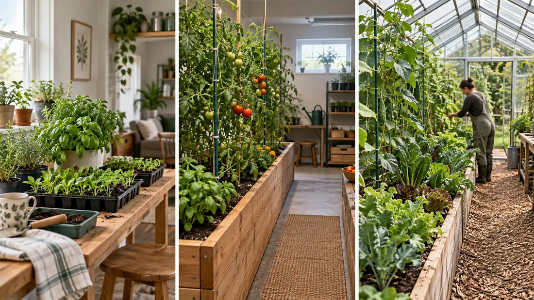 Three distinct growing jobs: a compact herb station, an indoor vegetable growing area and a long greenhouse growing area
