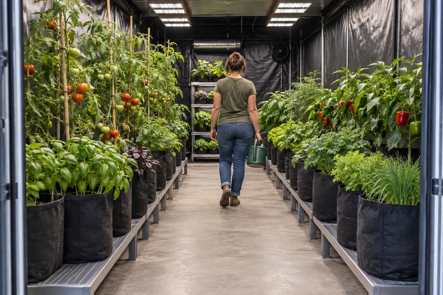 A permanent central aisle kept clear between mature indoor herbs and vegetables