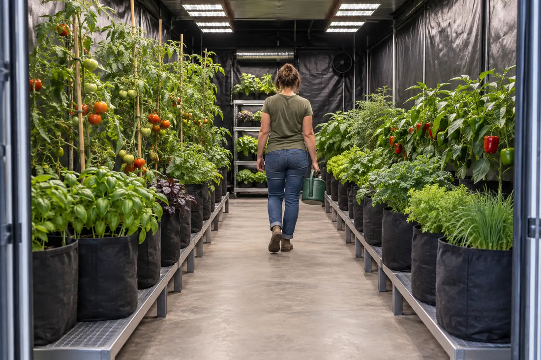 A permanent central aisle kept clear between mature indoor herbs and vegetables