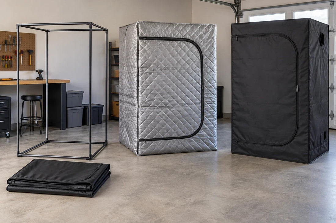 A matched replacement skin, external insulation jacket and complete grow tent shown as different purchases
