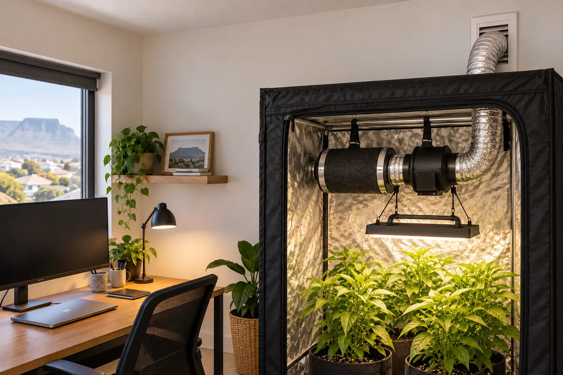 An inline exhaust fan and carbon filter suspended inside a grow tent above the light