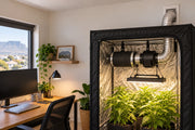 An inline exhaust fan and carbon filter suspended inside a grow tent above the light