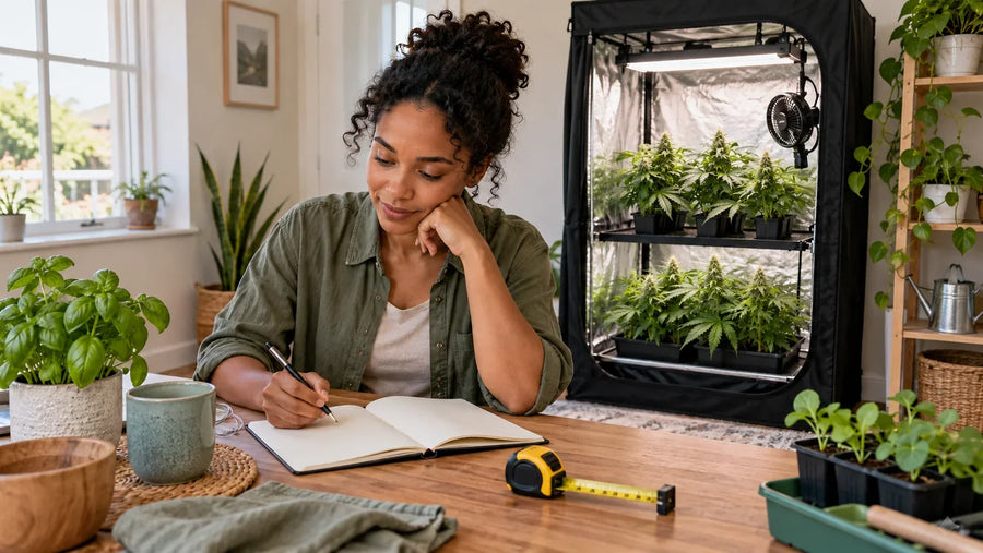 Planning a growing budget beside a tent containing cannabis plants