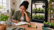 Planning a growing budget beside a tent containing cannabis plants