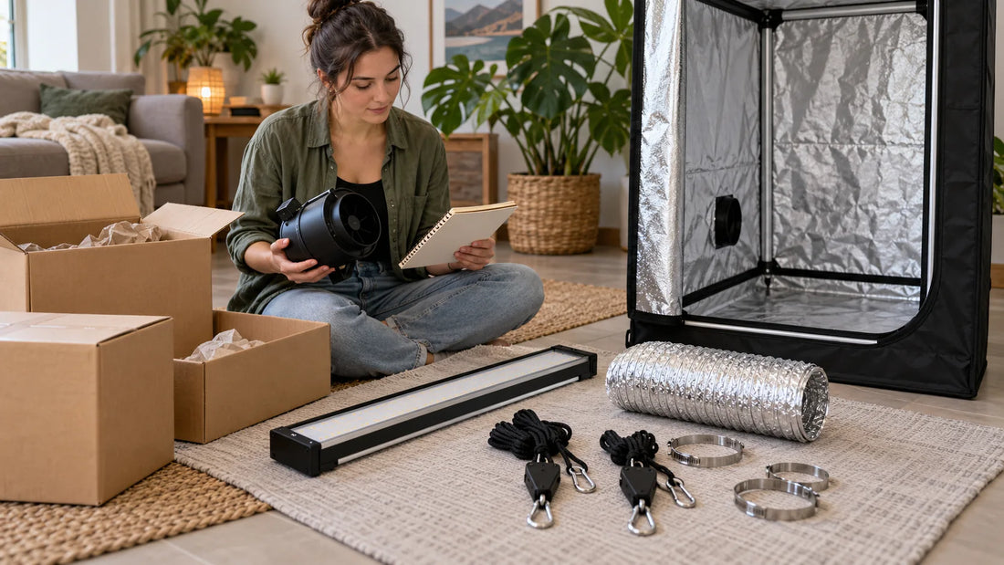 Checking unpacked equipment beside an empty grow tent