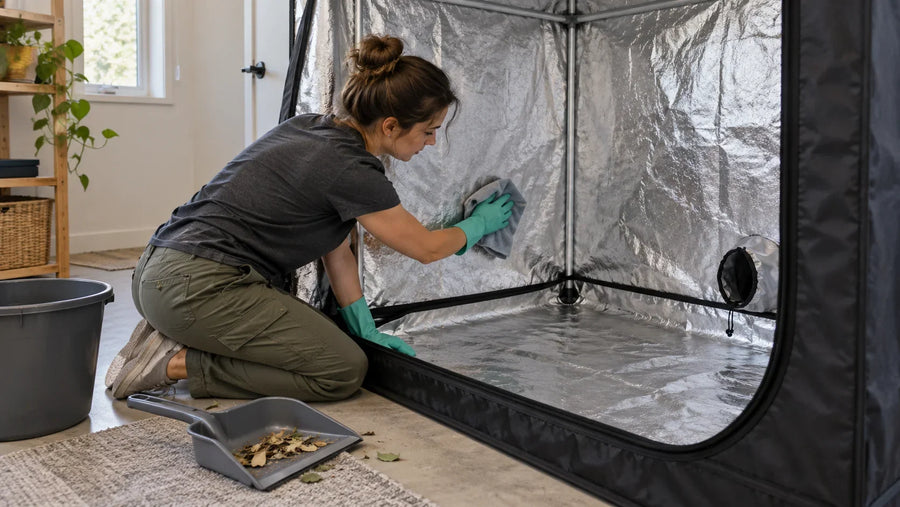 Wiping the reflective lining of an empty grow tent with a soft cloth