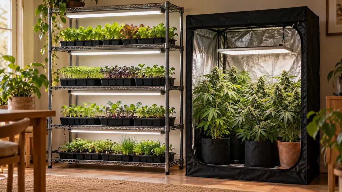 A four-tier seedling rack beside a grow tent containing cannabis plants