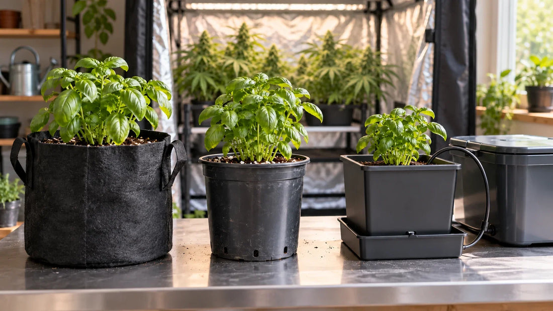 Three plant container types with cannabis plants in a grow tent behind them