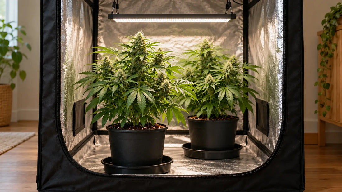 Two potted cannabis plants inside a grow tent with front access