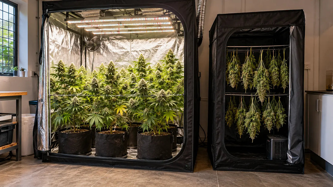 Active cannabis grow tent beside a compact drying tent