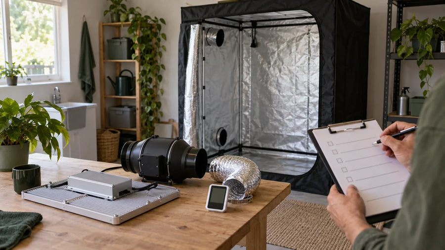 Buyer reviewing separate indoor growing equipment beside an open tent