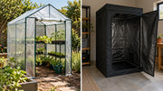 Outdoor daylight shelter and indoor reflective enclosure in separate settings