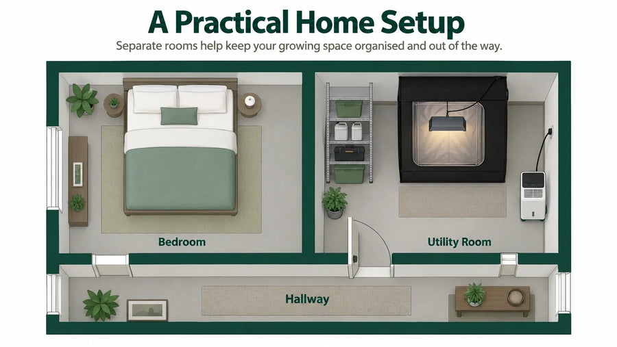 Sleeping room and separate growing area with access through a door