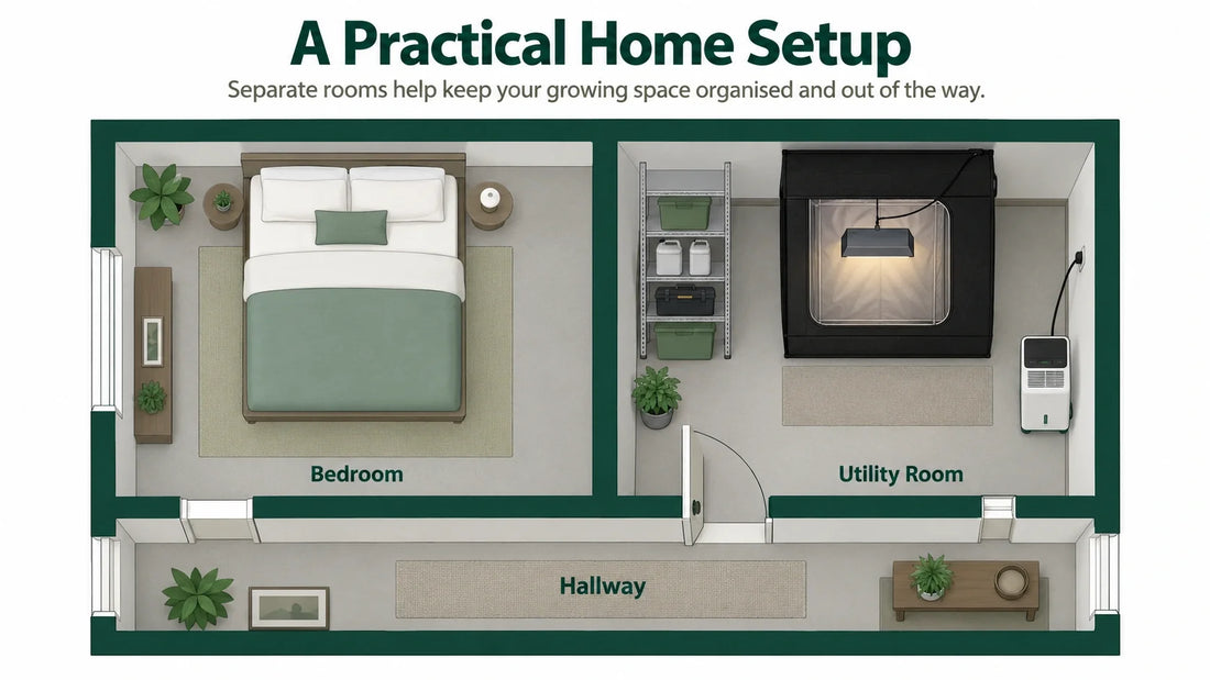Sleeping room and separate growing area with access through a door