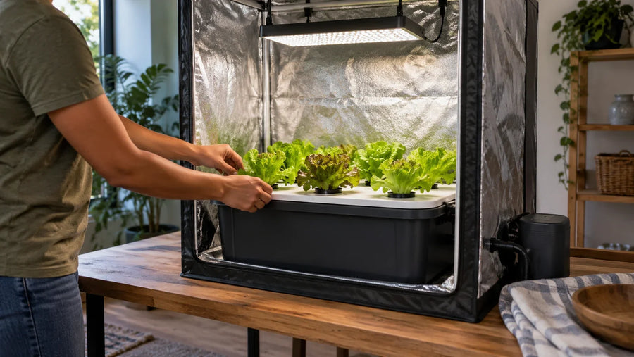 Accessible hydroponic reservoir in an illustrative indoor growing setup