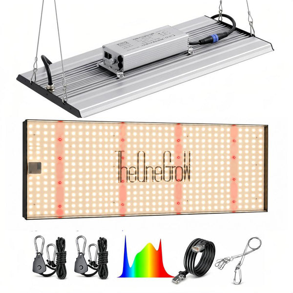 TheOneGrow 200W LED panel front and back views with full spectrum chart, driver and hangers