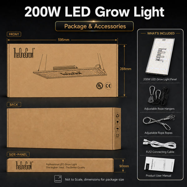 200W LED grow light package with box dimensions, panel, rope hangers, RJ12 cable and manual