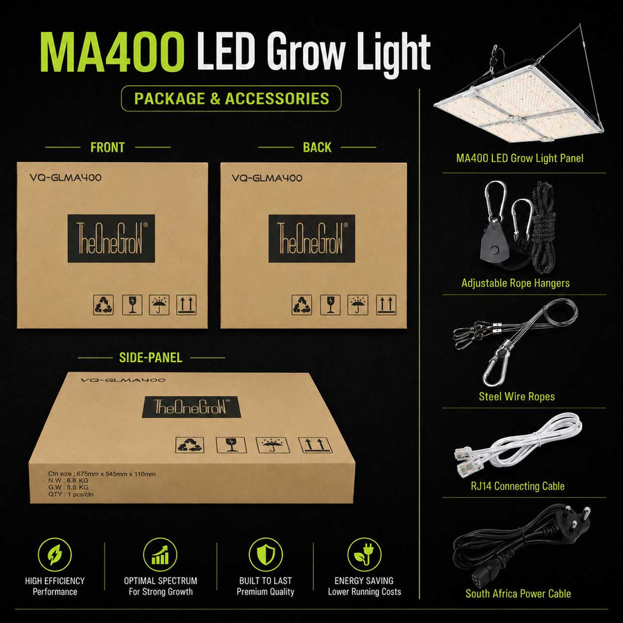 MA400 grow light and supplied accessories