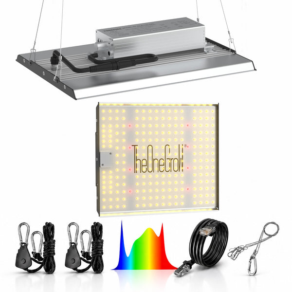 TheOneGrow 120W quantum board front and back views with lit LEDs, full spectrum chart and cables