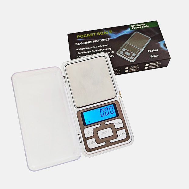 TheOneGrow digital pocket scale with blue LCD, stainless platform, clear cover and retail box