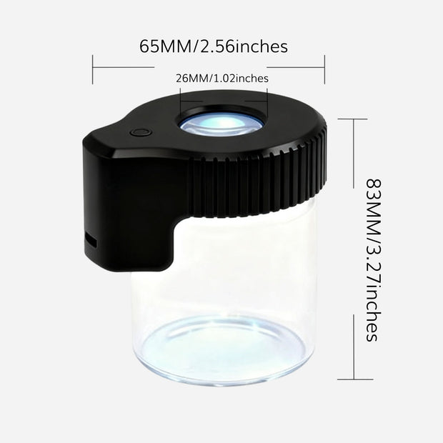 TheOneGrow LED glass storage jar with 65mm diameter 83mm height and 26mm magnifier
