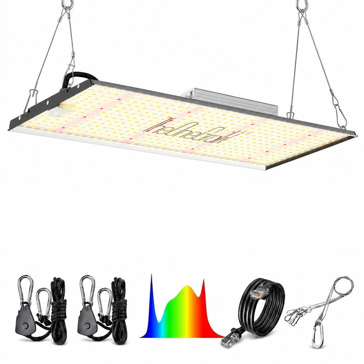 TheOneGrow 200W LED grow light with lit panel, rope hangers, spectrum graphic and RJ cable