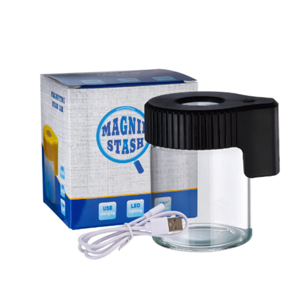 LED glass storage jar with magnifying lid retail box and USB charging cable for dry herbs