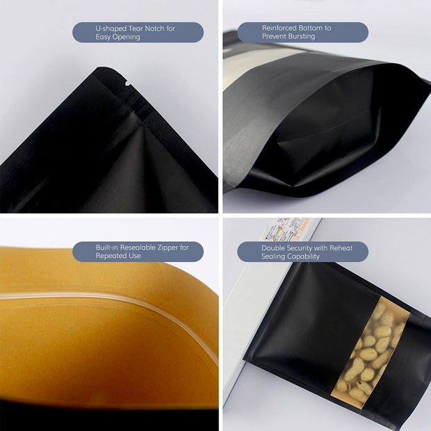 Resealable black kraft storage bag showing tear notch zipper seal and reinforced bottom details